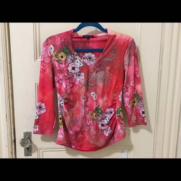 Beautiful Boho Chic Pink Ruched 3/4 Sleeve Top - Picture 2 of 7